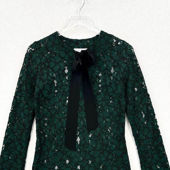 SANDRO Lace Dress Womens Small Green Long Sleeve Tie Neck Mini Sheath - Picture 8 of 16